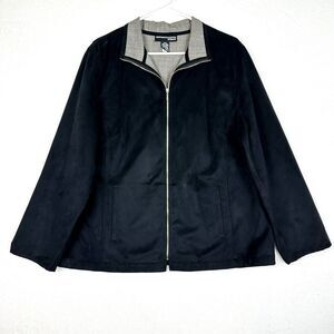 Norton McNaughton Woman Full Zip Jacket 16W Black Faux Suede Houndstooth Lined